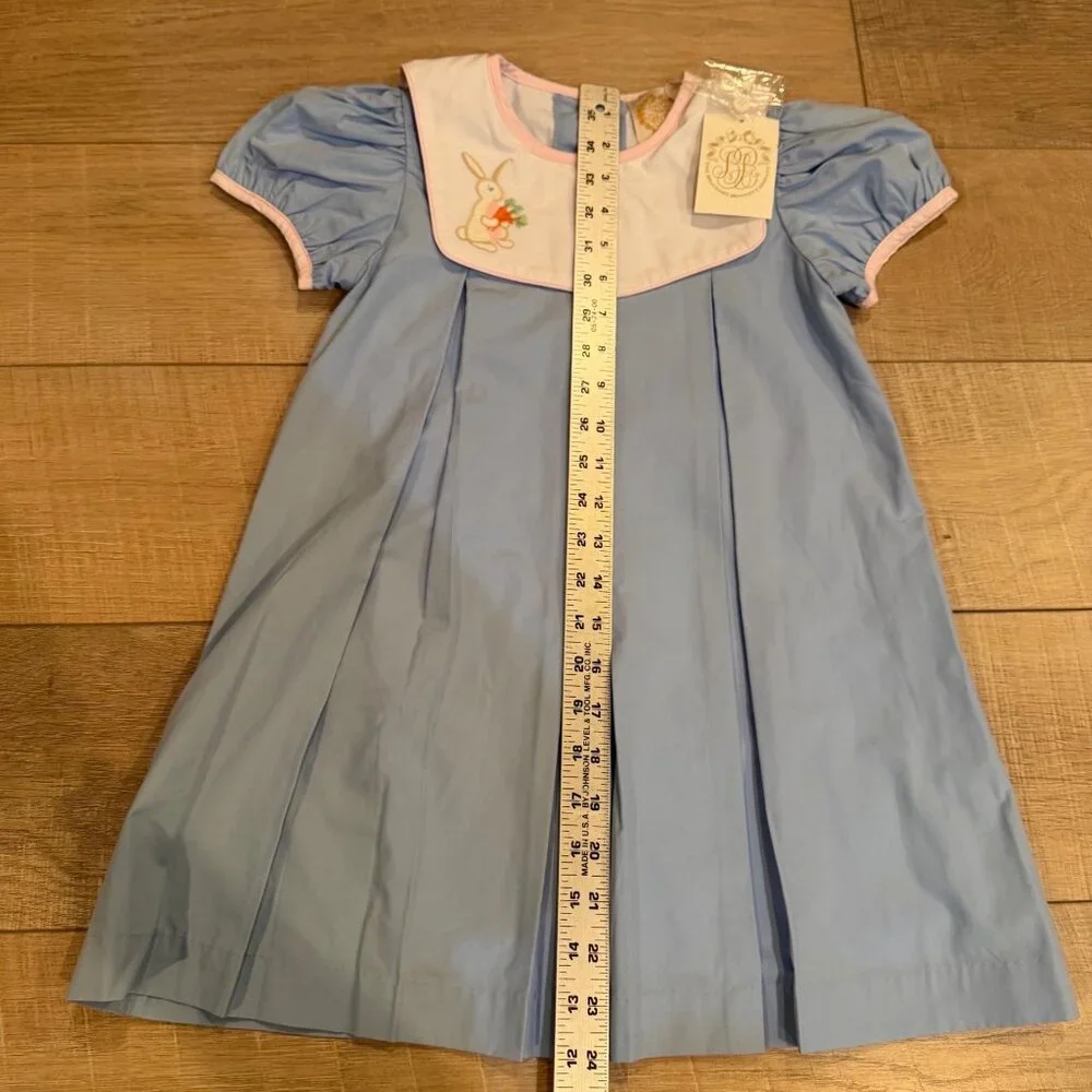 The Beaufort Bonnet Company Blue Dress With Embroidered Easter Bunny Puff Sleeve